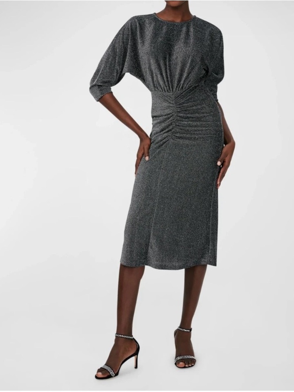 Diane Von Furstenberg Chrissy Shimmer Metallic Ruched Midi Dress M